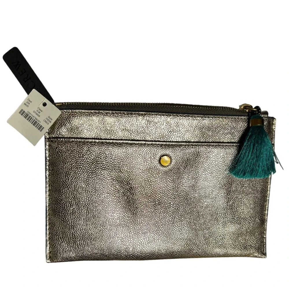 J.Crew Metallic Gold Pebbled Leather Green Tassel Clutch Bag 8.25